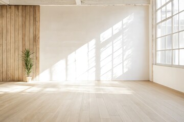 Fototapeta premium Bright and Spacious Loft-Style Room with Wooden Flooring, Dual-Tone Walls, and a Sunlit Vase