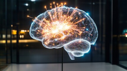 Captivating visualization of a glowing brain model with sparks illustrating neural activity at night