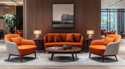 Modern office lounge, orange chairs, wood walls, city view, waiting area