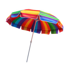 Obraz premium PNG Vibrant Rainbow Striped Beach Umbrella Against Transparent Background for Tropical Branding, Summer Beach Themes, or Resort Promotions