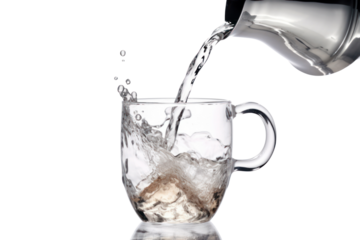 A person pouring water from a sleek silver pitcher into a transparent glass, capturing the flow and movement of the liquid. The image emphasizes the refreshing nature of drinking water