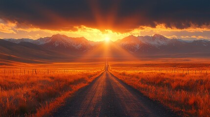 Naklejka premium As the setting sun gently wraps the country road in its warm embrace, it casts a golden glow on the surrounding fields, evoking a sense of nostalgia