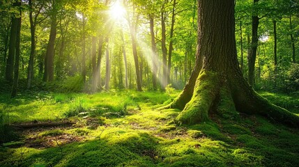 Obraz premium A lush forest landscape with towering trees, soft moss, and dappled sunlight filtering through the leaves. 