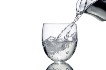 A person pouring water from a sleek silver pitcher into a transparent glass, capturing the flow and movement of the liquid. The image emphasizes the refreshing nature of drinking water