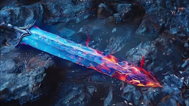 Fantastic weapon royal sword with beautiful handle and sharp blade, abstract vivid composition consists of fictional unreal fantastic vision on background