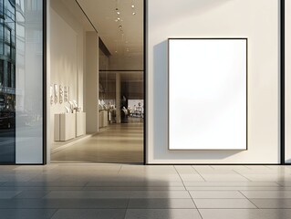 Modern storefront with display window and blank advertising frame on the wall