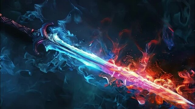 Fantastic weapon royal sword with beautiful handle and sharp blade, abstract vivid composition consists of fictional unreal fantastic vision on background