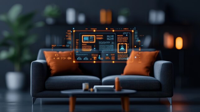 Futuristic smart home interior showcasing a glowing holographic display and seamless automation system that provides intuitive control over various household functions and settings