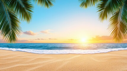 Serene Sunset Over Tranquil Beach with Palm Trees Framing Ocean View