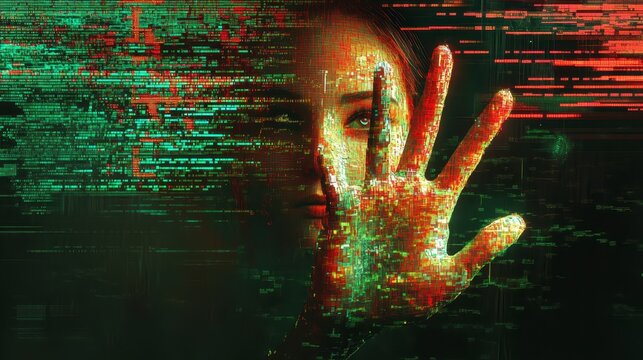 Close up of a person's face and hand partially obscured by a distorted digital screen with red, green, and black pixels. Glowing effect and dark