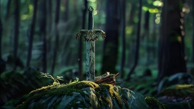 Fantastic weapon royal sword with beautiful handle and sharp blade, abstract vivid composition consists of fictional unreal fantastic vision on background