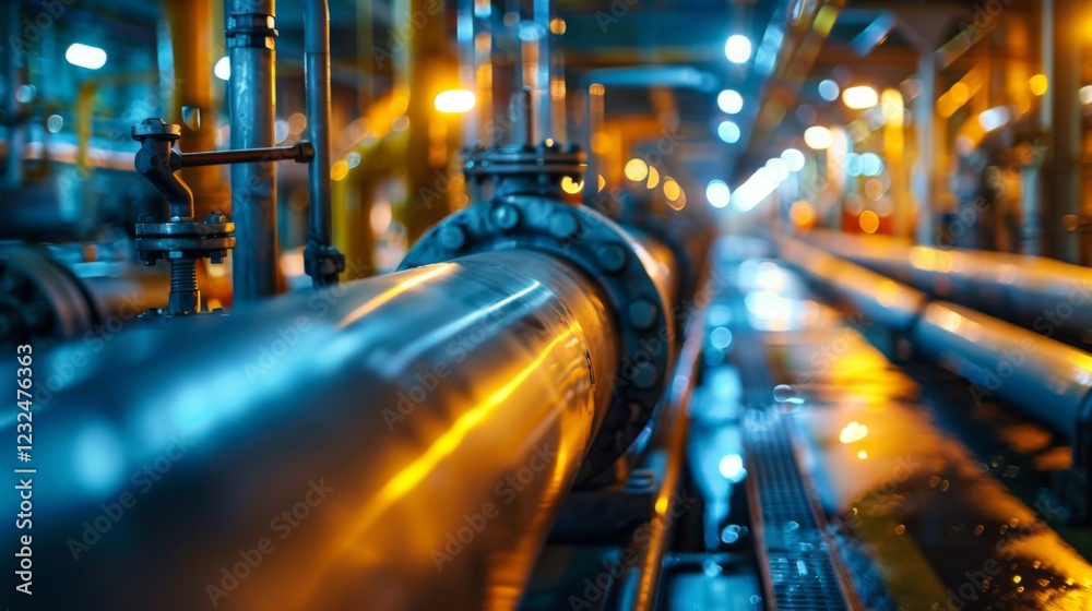 Poster this setting highlights metal pipelines arranged in a manufacturing environment, with warm lighting 