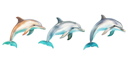 Fototapeta premium Set of Dolphins swimming, showcasing their playful nature. Watercolor clipart, clip art, isolated on white/transparent background.