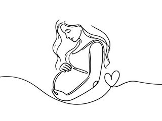 Beautiful pregnant woman touching her belly in continuous one line drawing. Simple line art illustration of pregnant belly.