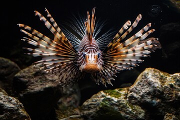 Professional photo of a stunning lionfish with its spiky fins fully extended, gracefully hovering above a rocky reef in tropical waters 