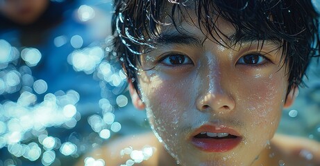 In the lake, the boy swims and splashes joyfully, and water droplets are captured in slow-motion at 800 fps, highlighting summer fun against the backdrop of rocks
