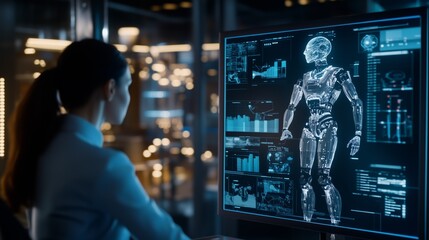 Computer scientist studying robotic hologram, analyzing complex data visualizations on high tech monitor in modern, illuminated laboratory workspace