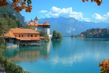 Naklejka premium A picturesque autumn landscape near Lake Bled, showcasing the castle and St. Martin's Parish Church