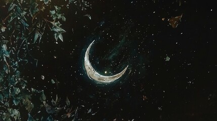 Glowing Moon Over Dark Abstract Watercolor Landscape Art