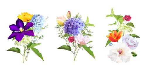 Bright tulip flowers, roses, pink peony, hydrangea, greenery and branches Easter vector bouquets. Floral bold colored watercolor. Blooming garden. Easter florals. Elements are isolated and editable