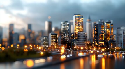 Obraz premium Stunning urban skyline with towering modern skyscrapers and glass high rise buildings reflecting on the calm river at night