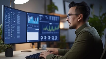 Fototapeta premium IT professional analyzing code on dual monitors, working late in sleek, dark office environment, focusing on software development and data processing