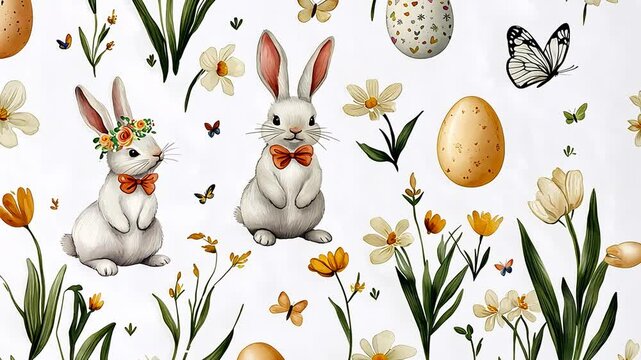 Whimsical Easter bunny design featuring vibrant flowers and colorful painted eggs.