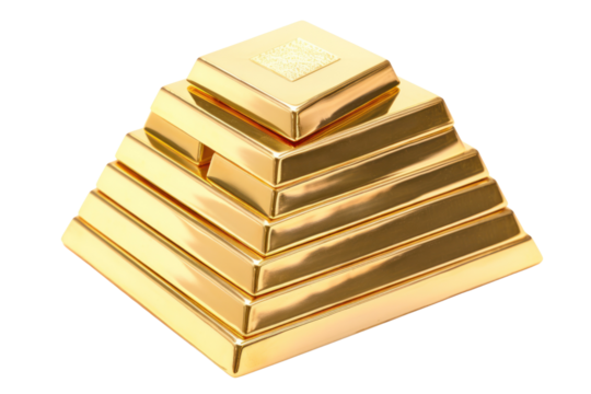 A stack of gleaming gold bars arranged neatly in a pyramid formation, showcasing their shiny surfaces and engraved details. The bars reflect light beautifully, emphasizing their luxurious quality.