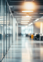A wide-angle view of an empty modern office building with large windows and Bright and spacious office space in an unfocused view. Modern blurred background photo for banner 