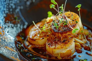 close up horizontal detailed image of a scallop dish served with sauce