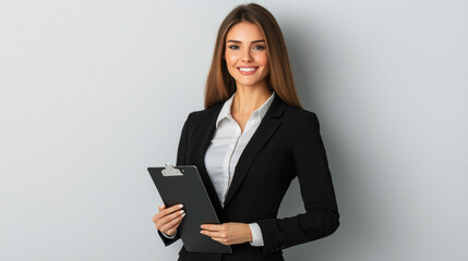 Confident female leader in black suit holding clipboard, smiling