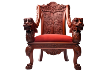 A traditional wooden armchair constructed from robust mahogany, featuring intricate carvings on the arms and legs. The rich color and smooth texture of the wood are highlighted
