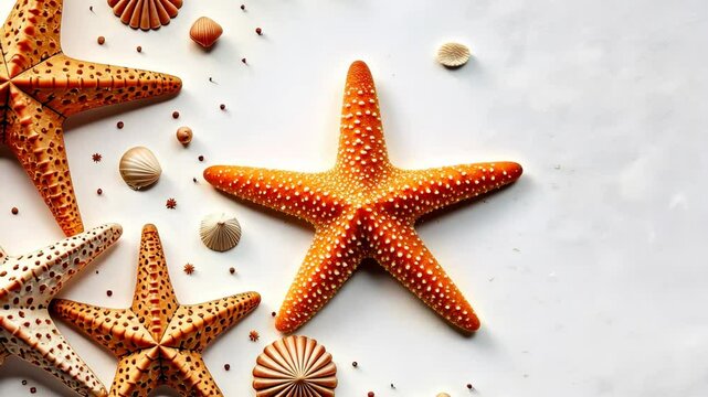 Three orange stars are on a white background. There are also some shells in the background. The stars are arranged in a row