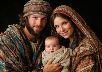Obraz premium A portrait of a family against a dark background. A man and woman, dressed in robes, lovingly hold a swaddled baby. Soft lighting accentuates their