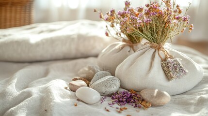 Natural Herbal Bags with Flowers and Smooth Stones on Soft Fabric