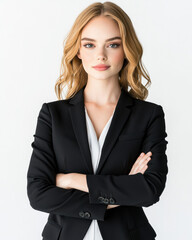 Confident female leader in black suit with arms crossed, exuding professionalism and poise