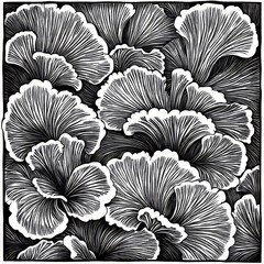 Mesopotamian, block print, illustration, lions mane mushroom pattern, black and white