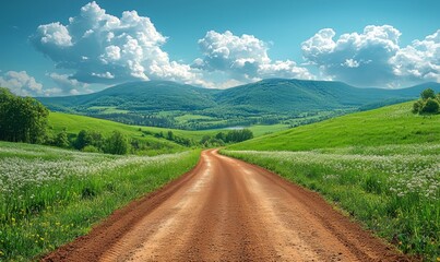 Fototapeta premium Dirt road stretching towards the horizon with the vast sky above: A serene midwestern farmland summer scene in Hartford, Minnehaha County, South Dakota