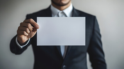 in a suit presenting a blank sheet of paper towards the camera with a confident expression 