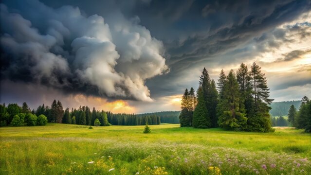 Dark grey storm cloud looming in the background of a lush green meadow with tall trees and wildflowers, misty fog rolling in , fog