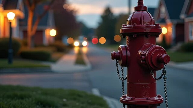 A red fire hydrant is on the side of a street. The hydrant is chained to the ground