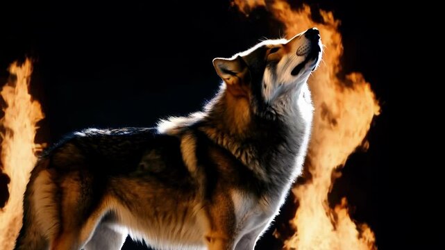 Professional czechoslovakian wolfdog standing near dramatic bonfire flames, howling powerfully against stark black studio background, embodying wild canine communication and primal instincts