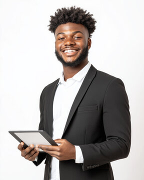 confident corporate leader smiling while holding tablet in suit