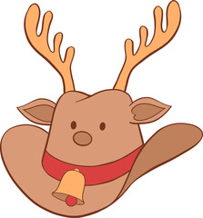 Christmas cowboy hat with gold reindeer antlers, red nose, ears, eyes, bell and hatband hand drawn illustration