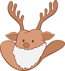 Christmas cowboy hat with reindeer antlers, Santa white fluffy beard, nose, ears, and eyes hand drawn illustration