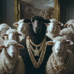 a black boss sheep is wearing gold chains and diamonds like a modern rapper. the white sheep are plain and boring. the black sheep