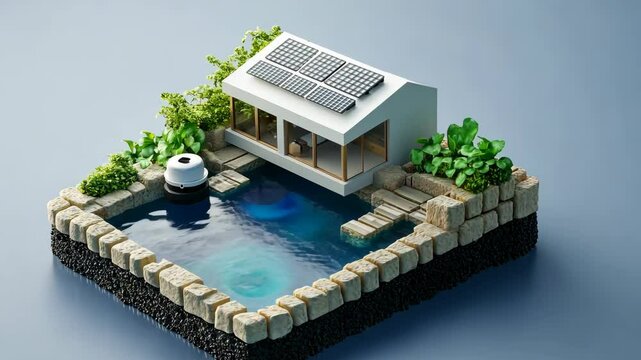 Modern eco-friendly house model with solar panels and tranquil water feature in serene outdoor setting