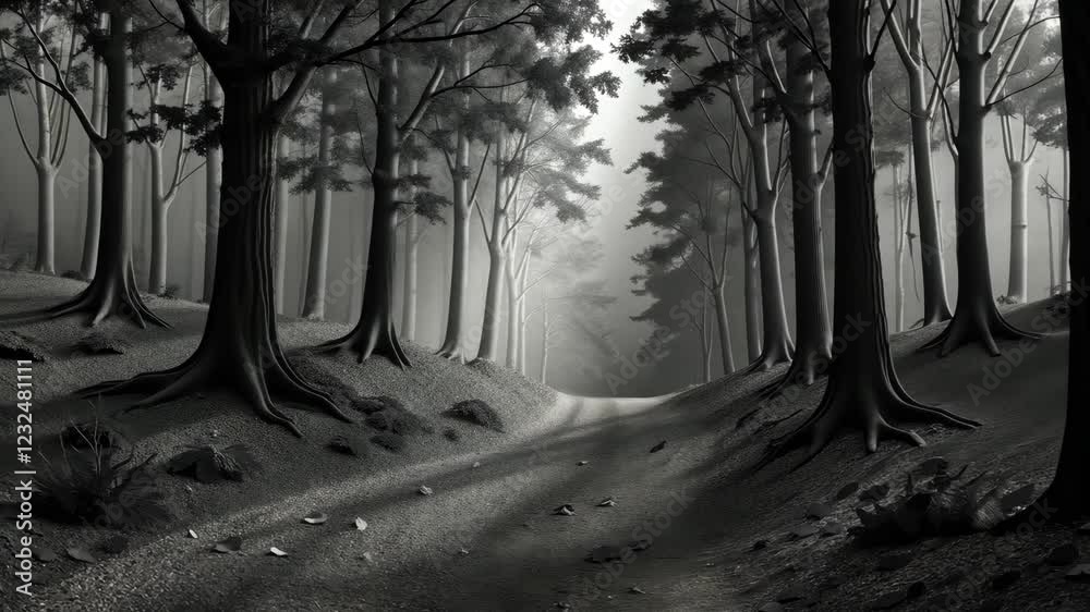 Poster a forest with a road in the middle. the road is surrounded by trees. the trees are tall and dark