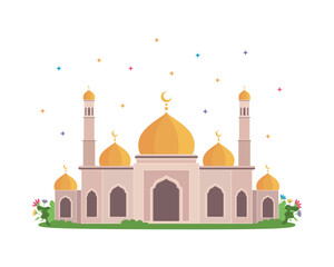 Islamic mosque in beige color with yellow domes and stars on a white background
