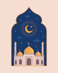 Ramadan Kareem card banner Islamic arches windows moon mosque lanterns in a minimalist style